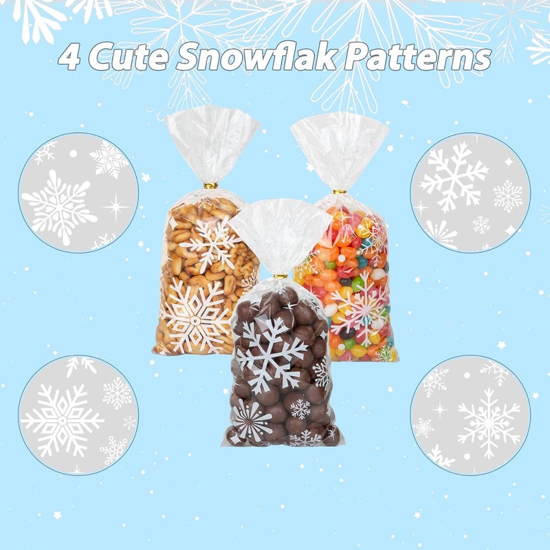 GOMANCHE 100 Pieces Christmas Snowflake Cellophane Bags, Xmas Snowflake Clear Candy Bags with Metallic Twist Ties for Winter Christmas Party Snowflakes Birthday Supplies - Image 3